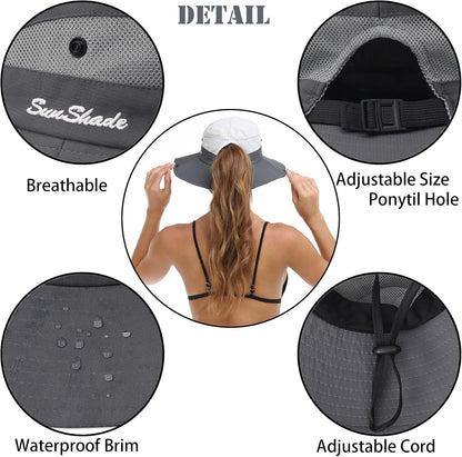 Womens Summer Sun Hat Beach Hat Wide Brim Outdoor UV Protection Hat Foldable Cool Mesh Ponytail Bucket Hat