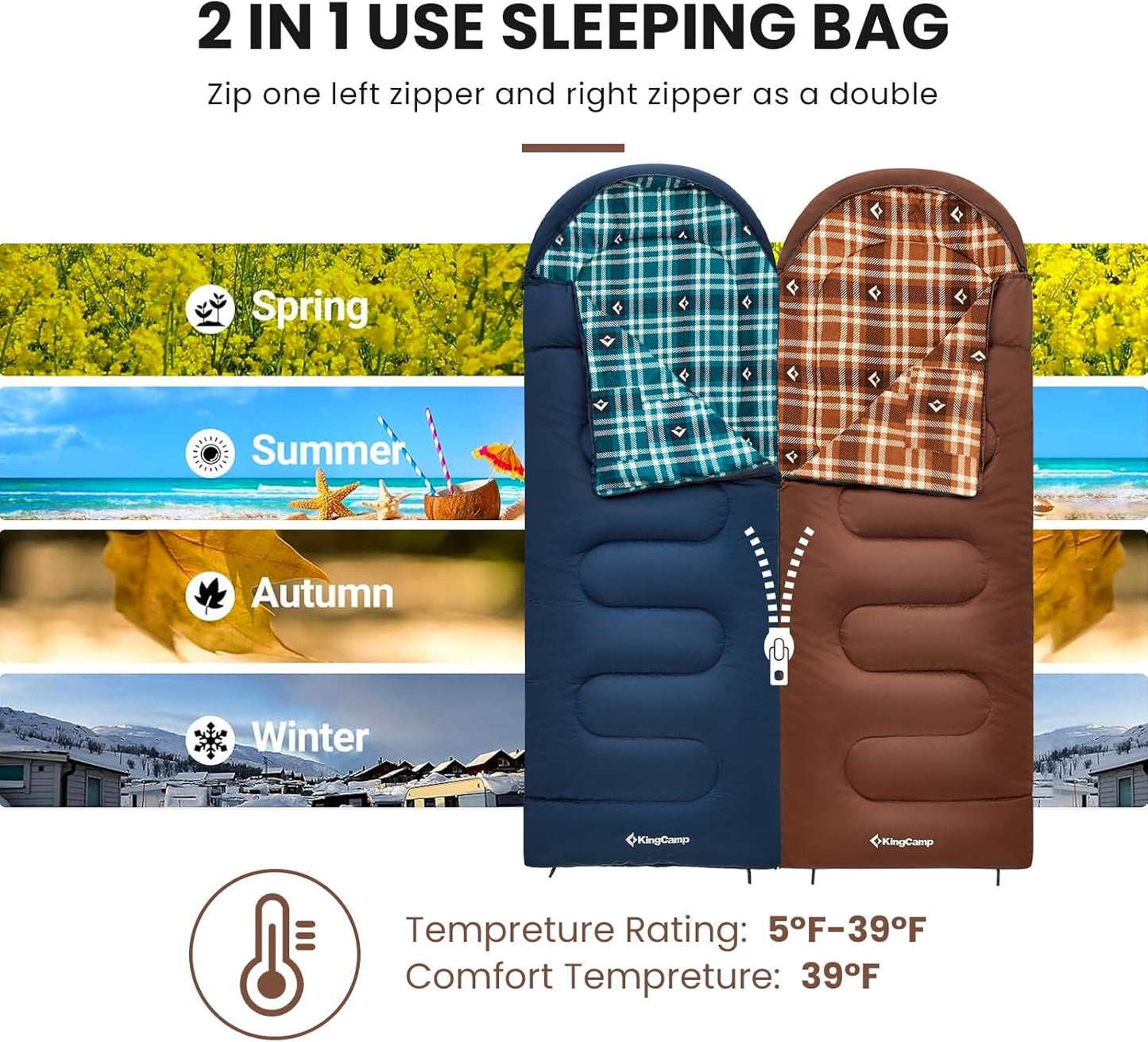 KingCamp Sleeping Bag for Adults, Cold Weather & Warm XL Big and Tall Flannel Sleeping Bags with Compression Sack Portable Waterproof Essentials Gear Accessories for Outdoor Camping