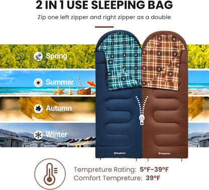 KingCamp Sleeping Bag for Adults, Cold Weather & Warm XL Big and Tall Flannel Sleeping Bags with Compression Sack Portable Waterproof Essentials Gear Accessories for Outdoor Camping