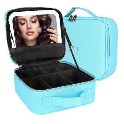 MOMIRA Travel Makeup Bag Cosmetic Bag with Lighted Mirror, Adjustable Brightness in 3 Color Scenarios, Waterproof, 10x Magnifying Mirror, Rotatable Independent Light Mirror- Diamond Blue(Solid)