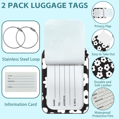 Vintage Groovy Flowers Luggage Tag for Suitcase Set of 2 PU Leather Cute Luggage Tags with Stainless Metal Loop ID Label Privacy Flap Suitcase Tags for Women and Men Travel