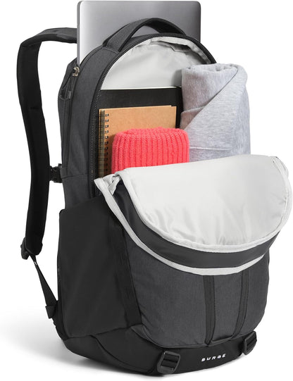 THE NORTH FACE Surge Commuter Laptop Backpack | Daypack with Water Repellent Finish, 16" Laptop Sleeve, Reflective Details, Asphalt Grey Light Heather/TNF Black-NPF, One Size