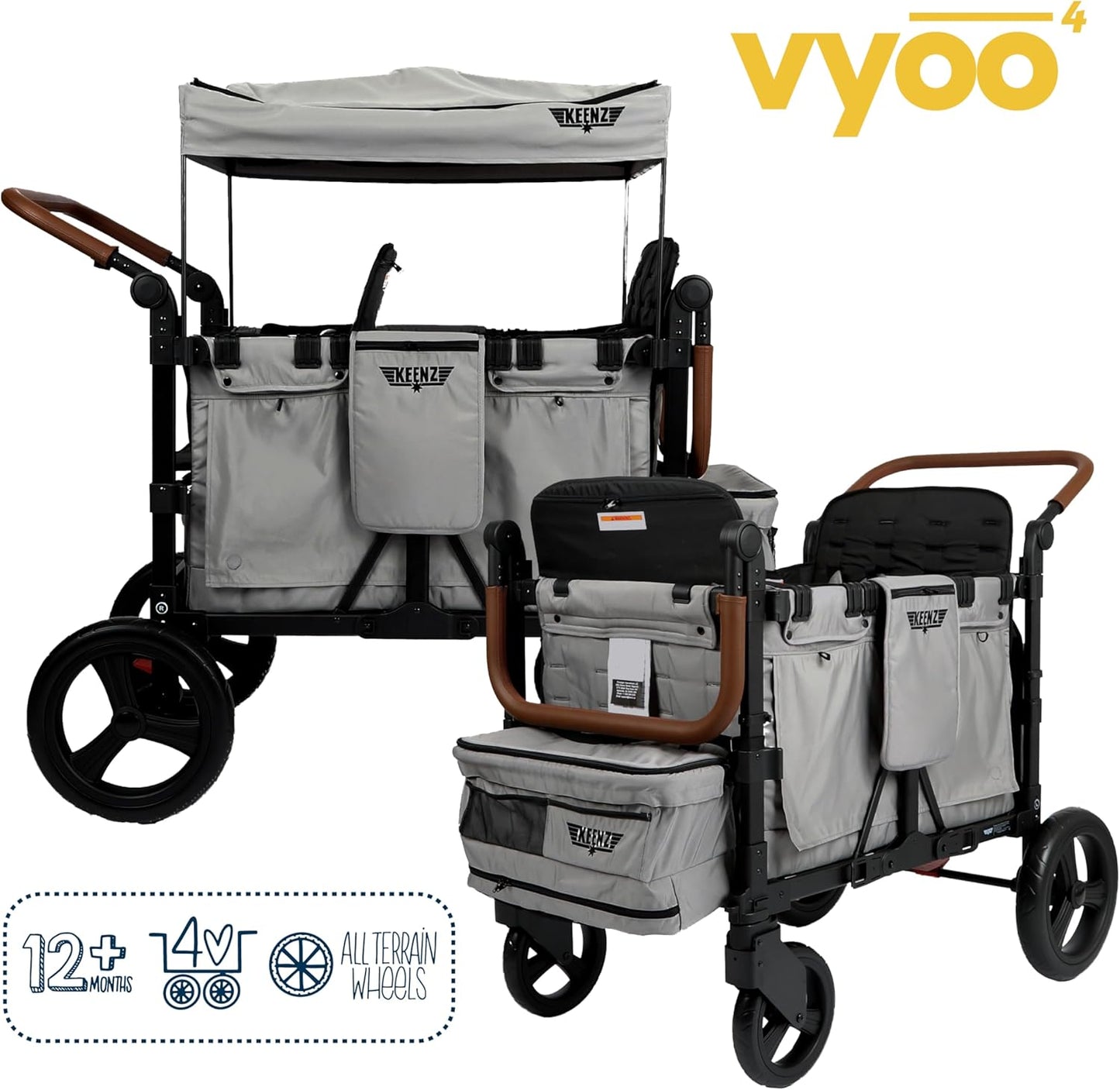 Keenz VYOO Stroller Wagon with Canopy - Foldable Design for Easy Storage, 5 Seating Positions for Kids, Enhanced Child Safety, All-Terrain Mobility, 4-Passangers, Grey