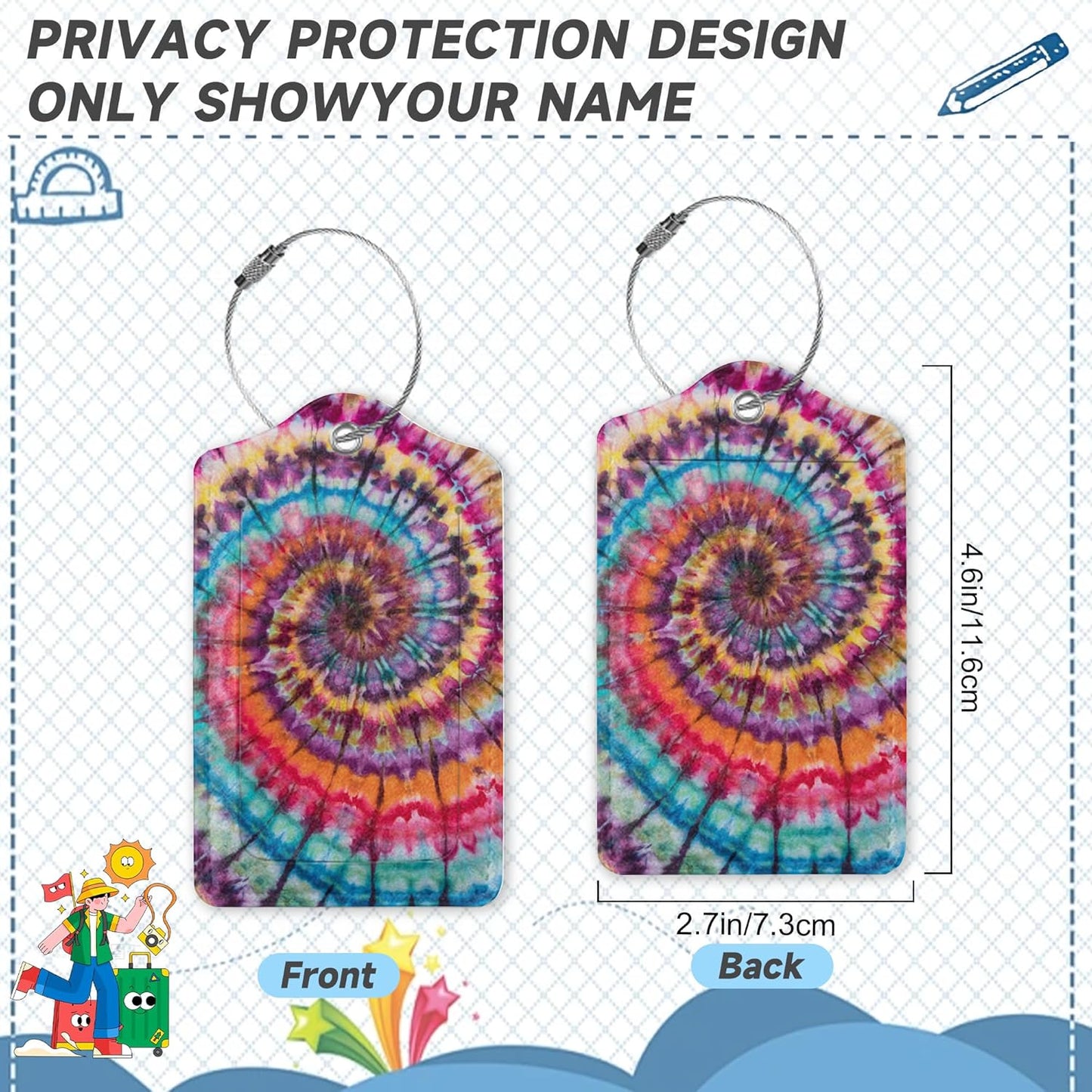 Abstract Tie Dye Colorful Rainbow Luggage Tag for Suitcase 2 Pcs Unique Leather Suitcase Tags with Full Privacy Cover Stainless Steel Loop for Women Men Travel Baggage Bag Backpack