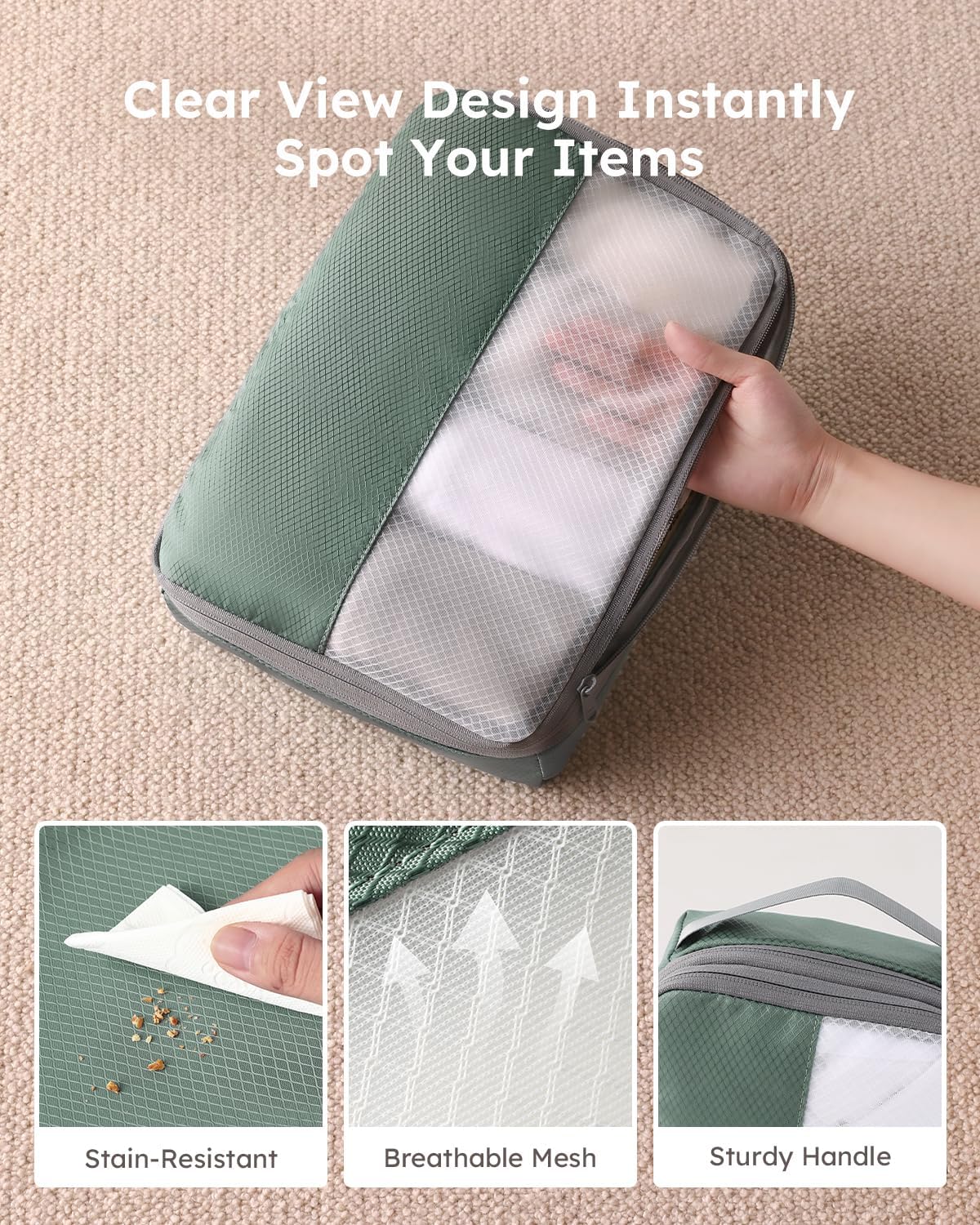 4 Set Compression Packing Cubes for Travel, Bonus Versatile Drawstring Backpack, Lightweight Luggage Organizer Bags, Sturdy Travel Accessories for Suitcase, Dark Green