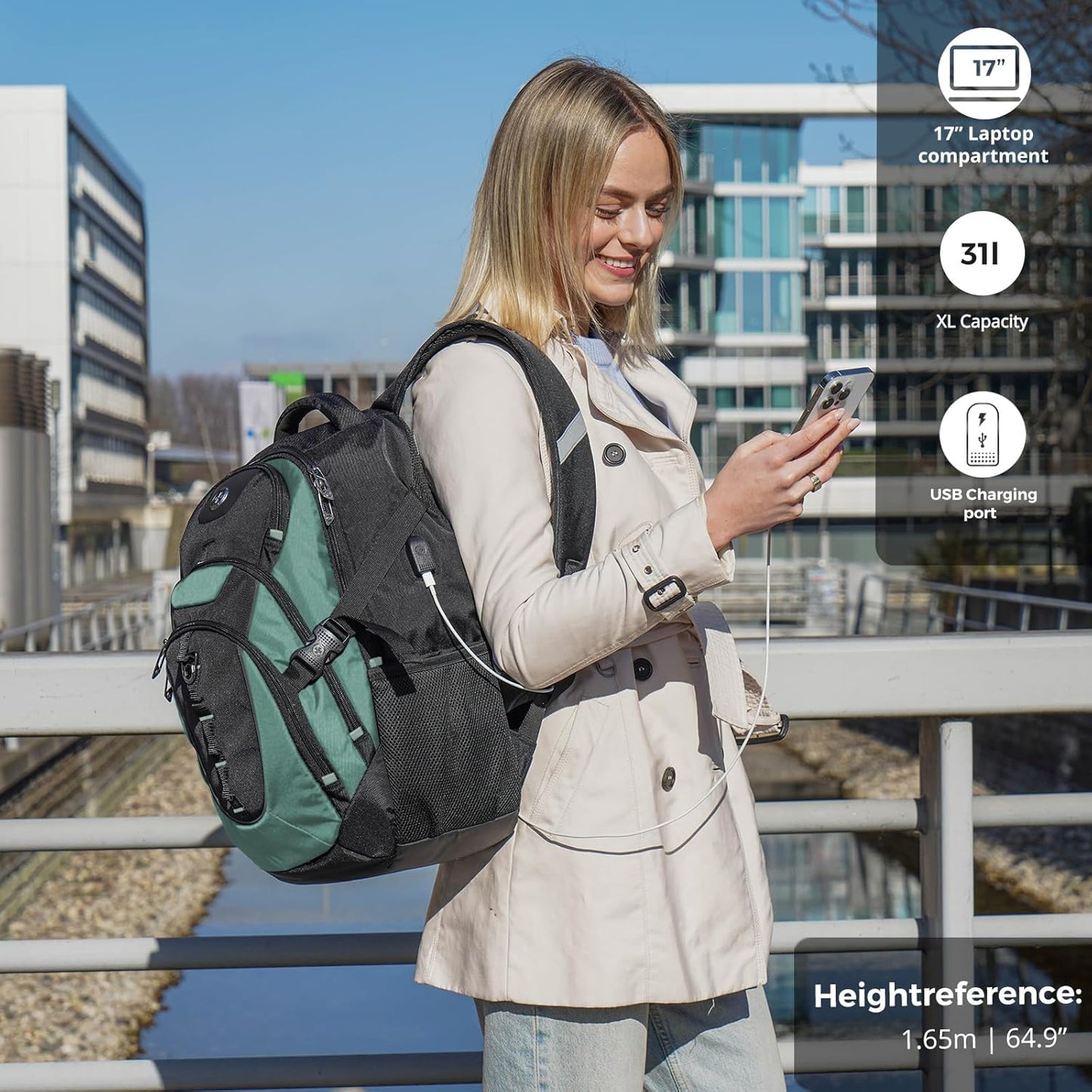 Swissdigital Design Laptop Backpack with USB Charging Port, TSA Travel Backpack Fits 15.6 inches Computer, 31L College School Backpack for Men, Lake Green/Black | SD803