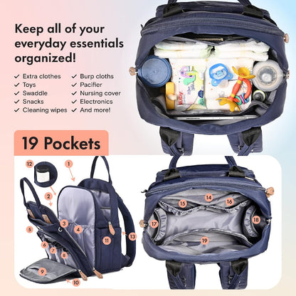 Dikaslon Diaper Bag Backpack with Portable Changing Pad, Pacifier Case and Stroller Straps, Large Unisex Baby Bags for Boys Girls, Multipurpose Travel Back Pack Moms Dads, Navy Blue