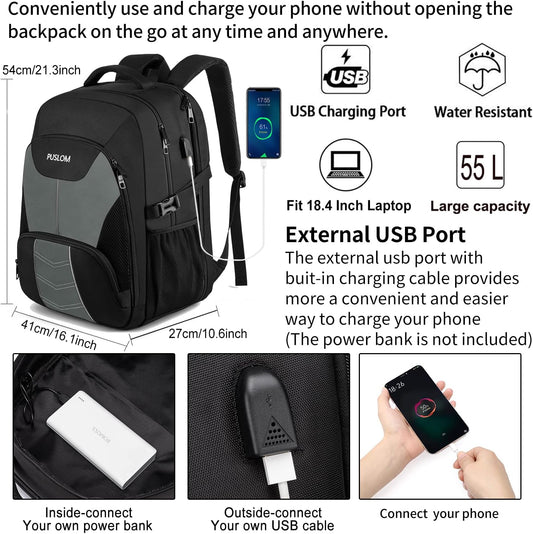PUSLOM Extra Large Travel Laptop Backpack for Men 55L,Water Resistant 18.4 inch Big Business Laptop bags with USB Charging Port,TSA Friendly Anti Theft Computer Bag for Work College,Grey