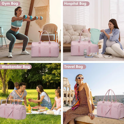 Women Duffle Weekender Travel Bag: Large Duffel Bags with Shoe Compartment Carry On Overnight Tote Bag with Wet Pocket Toiletry Bags Weekend Gym Yoga Hospital Bag for Labor and Delivery Pink 3Pcs Set