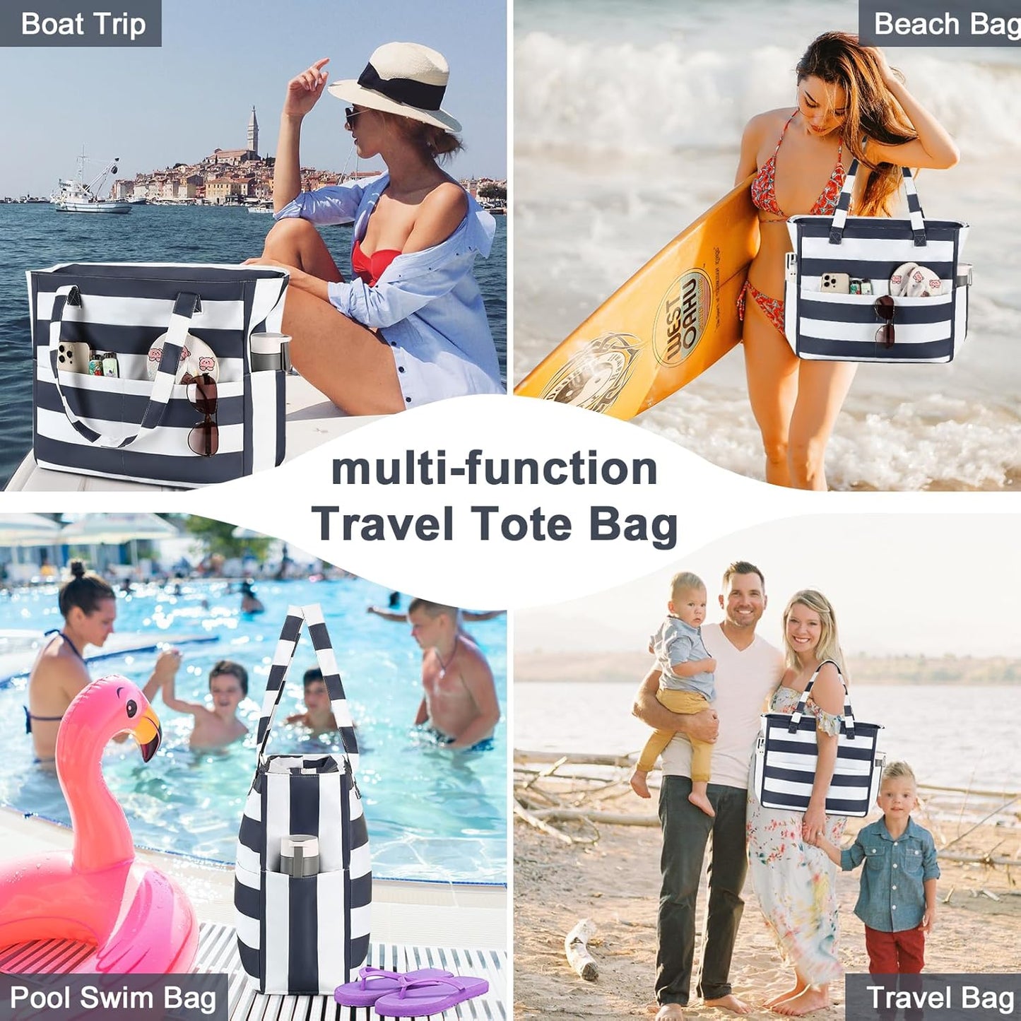 LEDAOU Beach Bag Waterproof Sandproof Women Tote Bag Pool Bag with Zipper for Gym Grocery Travel with Wet Pocket