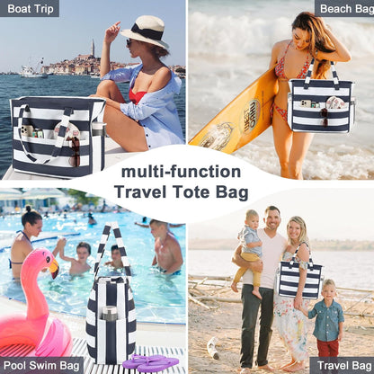 LEDAOU Beach Bag Waterproof Sandproof Women Tote Bag Pool Bag with Zipper for Gym Grocery Travel with Wet Pocket