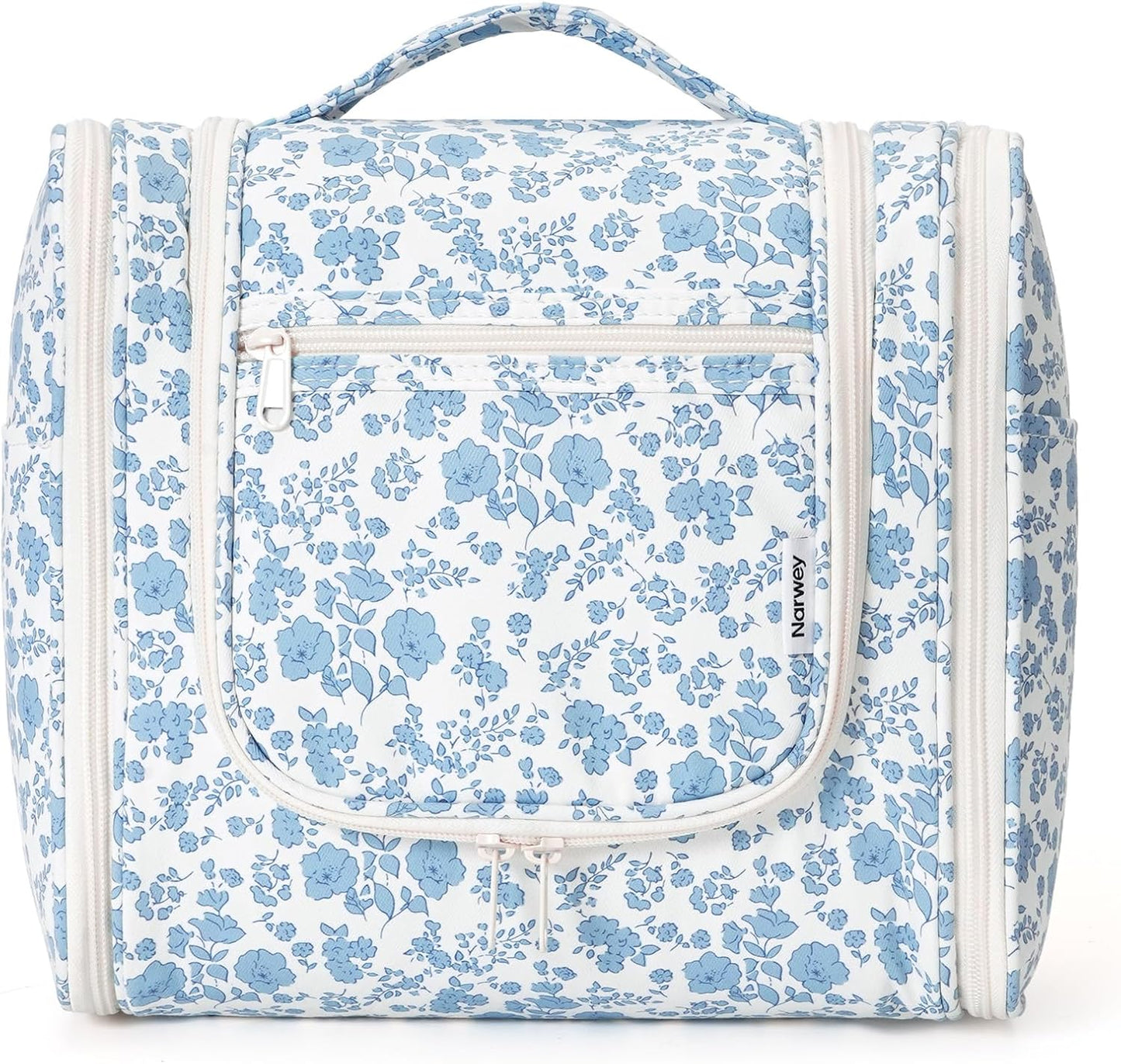 Narwey Hanging Toiletry Bag for Women Travel Makeup Bag Organizer Toiletries Bag for Cosmetics Essentials Accessories (Large, Little Blue Flower)
