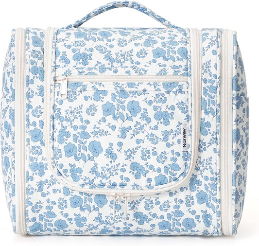 Narwey Hanging Toiletry Bag for Women Travel Makeup Bag Organizer Toiletries Bag for Cosmetics Essentials Accessories (Large, Little Blue Flower)