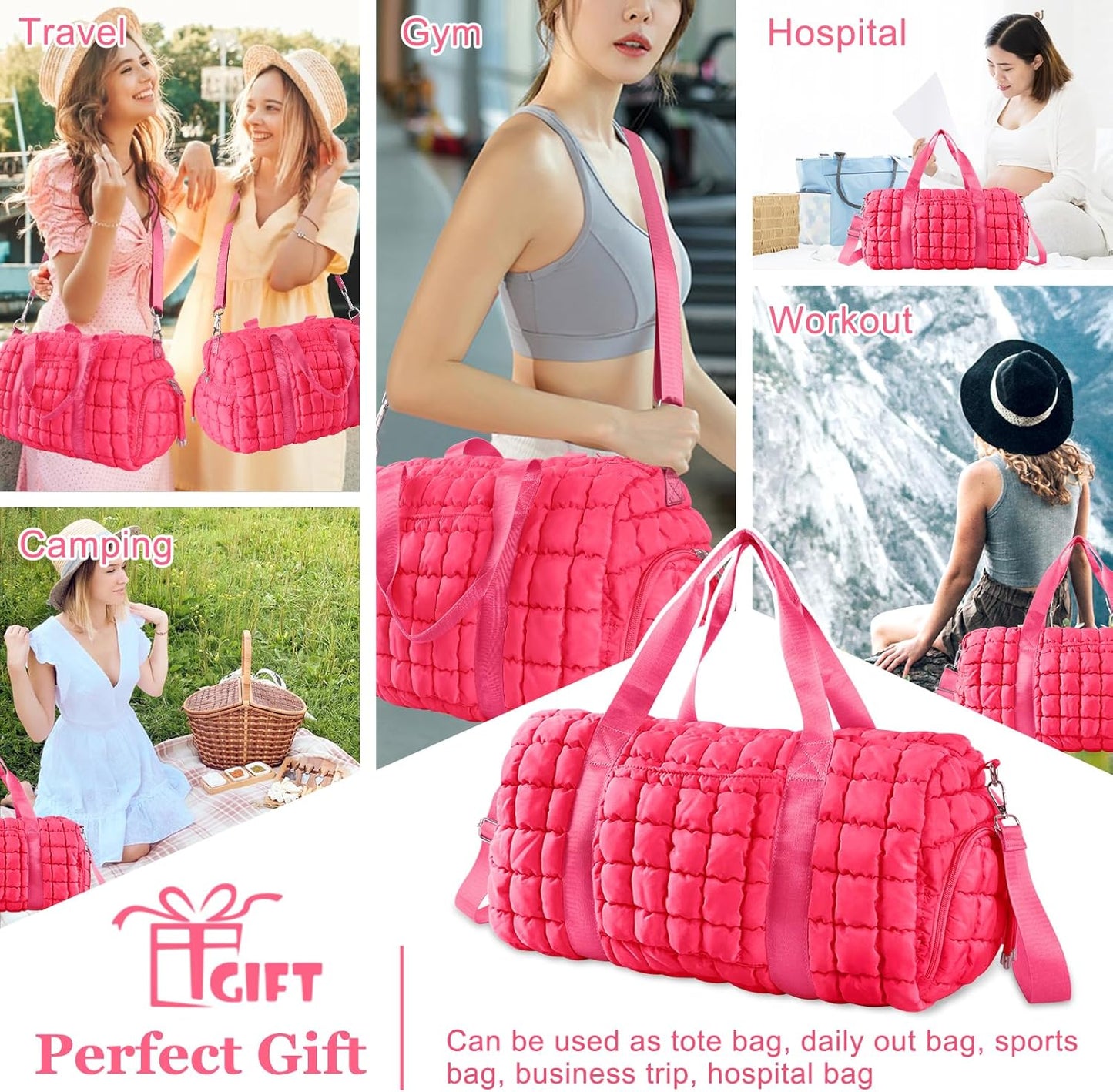 Quilted Travel Duffle Bag Gym Bag for Women,Large Puffer Duffle Weekender Bag with Compartment,Workout Overnight Carry on Organizer Bag Duffle Bag for Airplane Travel(Rosered)