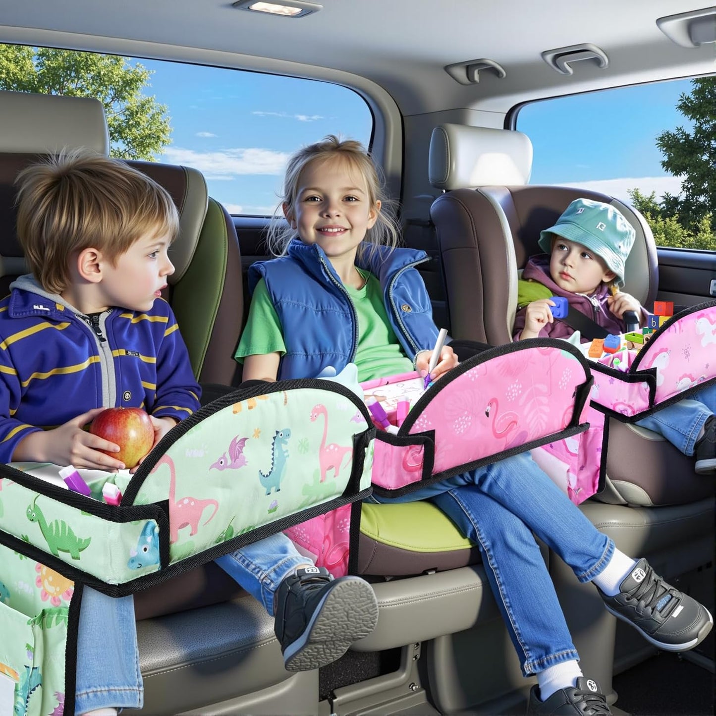 Kids Travel Tray, 3PCS Car Seat Tray for kids Travel, Toddler Road Trip Essentials With Drawing Kit, Toddler Lap Desk Organizer for Car, Carseat Table for Airplane