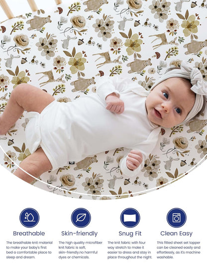 TotAha Crib Sheets for Boys Girls, Buttery Soft Crib Mattress Fitted Sheet, Super Stretchy Jesery Knit Baby Sheet, Silky Comfort Baby Bed Sheets 28x52x9 Extra Deep Pocket(Botanical Garden & Cute Bear)