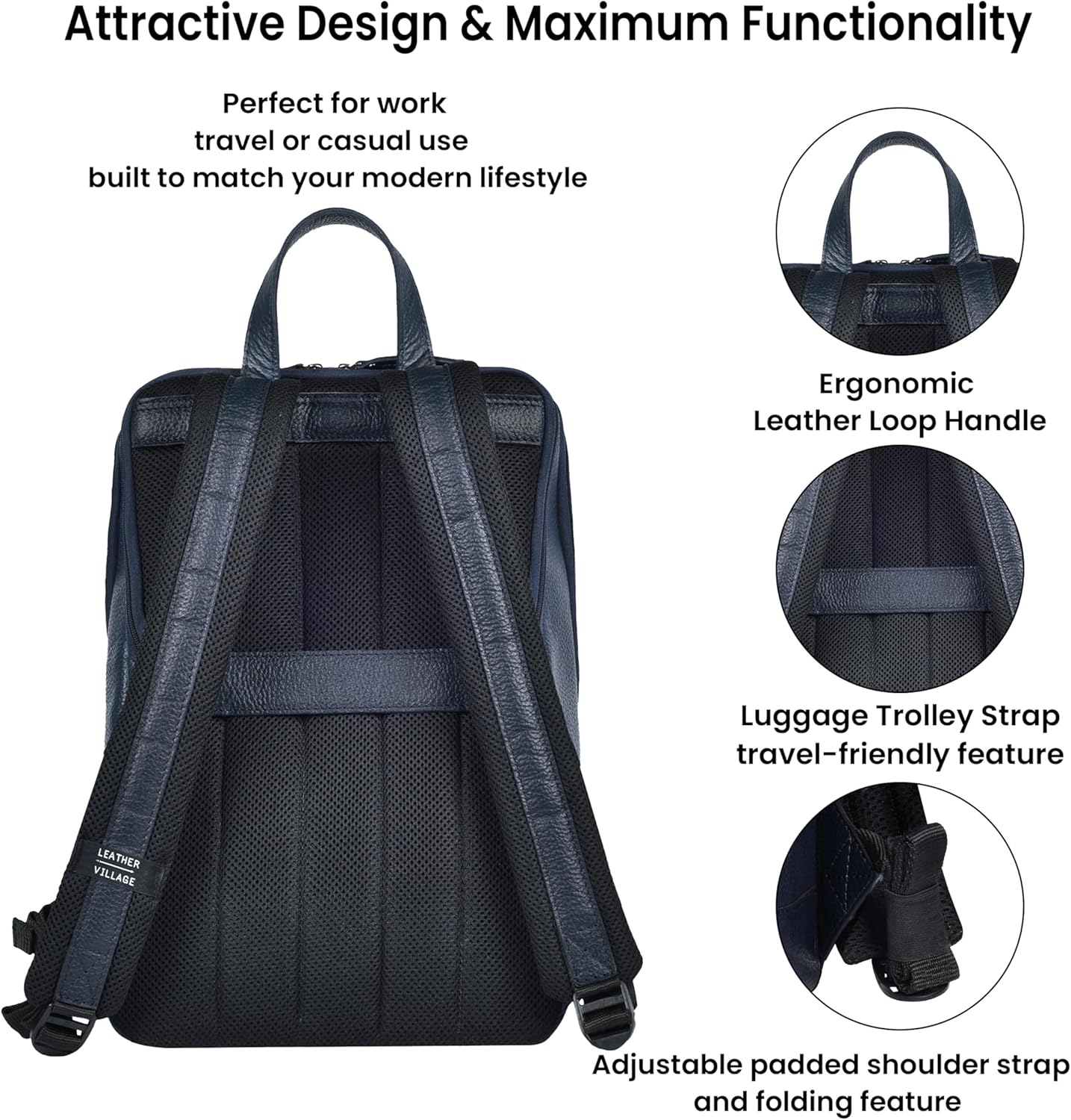 LEATHER VILLAGE Leather Laptop Backpack for Men |Blue | Slim Professional Business Bag Fits 15.6”-Laptop | Water-Repellent Work & Travel Daypack with Trolley Strap