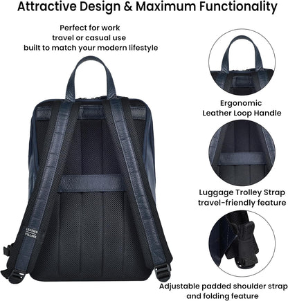 LEATHER VILLAGE Leather Laptop Backpack for Men |Blue | Slim Professional Business Bag Fits 15.6”-Laptop | Water-Repellent Work & Travel Daypack with Trolley Strap