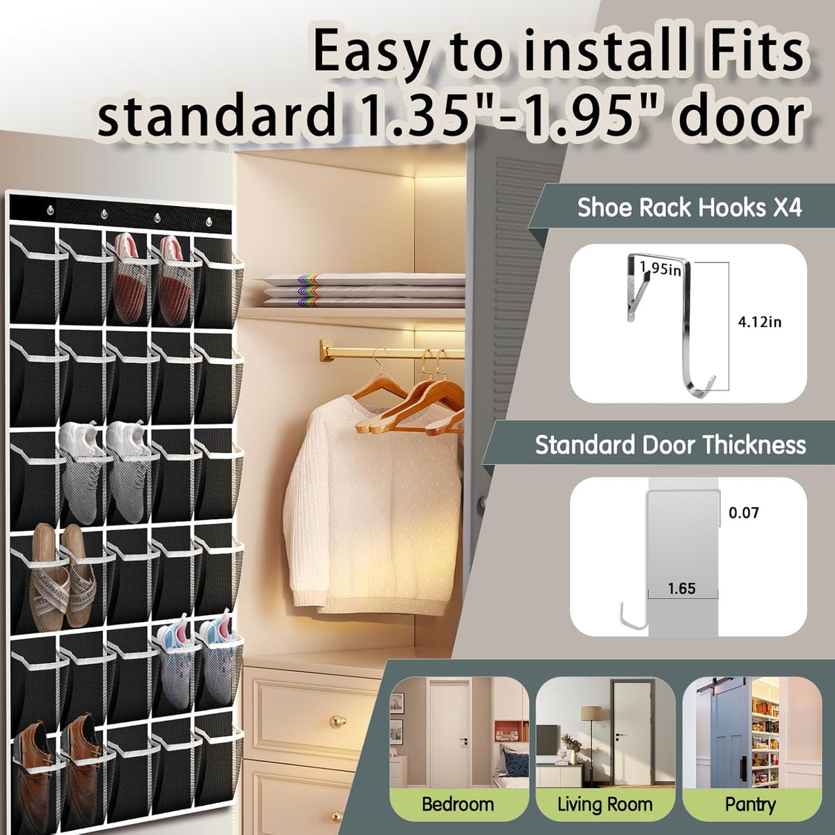 Over the Door Shoe Organizer with 30 Breathable Mesh Pockets - Large Capacity Closet Storage for Men & Women, Hanging Shoe Rack Organizer -Black