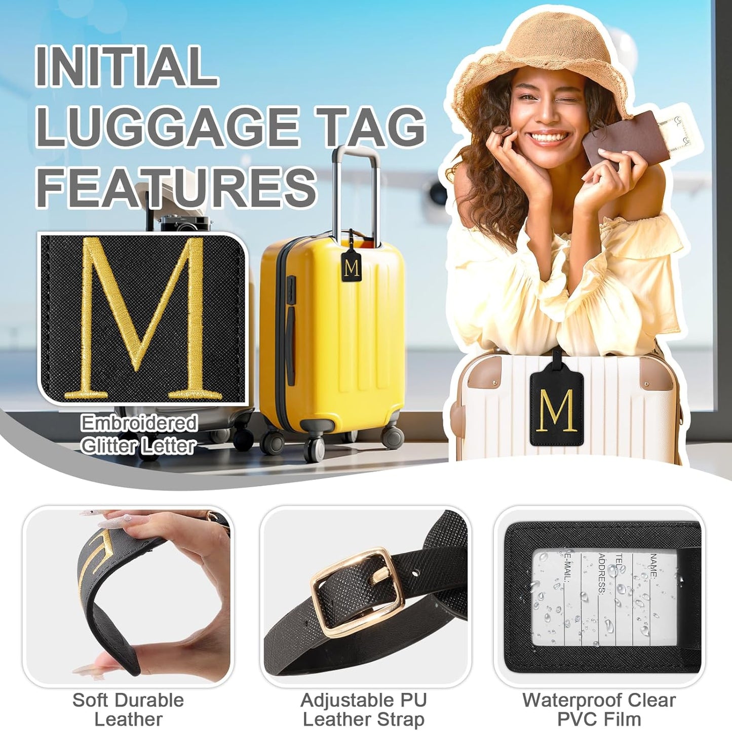 Personalized Initial Luggage Tags for Suitcase TSA Approved, Black Leather Cute Luggage Tag with Privacy Cover Name Card, Embroidered Custom Luggage Tags Travel Backpack Tags Gifts for Women Kids(M)