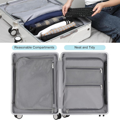 20 Inch Ride on Luggage with Seat for Kids Top Opening Aluminum Frame Suitcase with Spinner Wheels Locks for Travel(White)