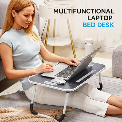 BUYIFY Folding Lap Desk, 23 Inch Portable Wood Deep Black Laptop Bed Desk Lap Desk with Cup Holder, for Working Reading Writing, Eating, Watching Movies for Bed Sofa Couch Floor