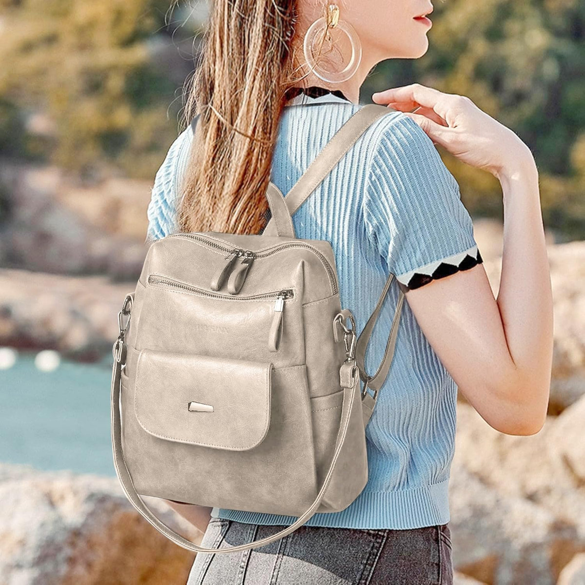 PU Leather Backpack Purse for Women Fashion Multipurpose Design Handbag Ladies Shoulder Bags Travel Backpack Beige
