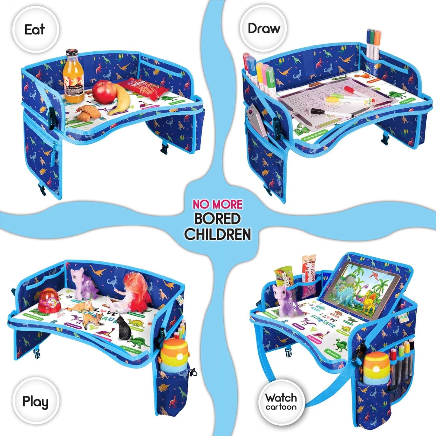 Kids Travel Tray - Waterproof Car Table with No-Drop Large Tablet Holder - Car Seat Tray - Road Trip Must Haves - Lap Desk Kids Organizer for Airplane - Toddler Travel Activities (Blue)