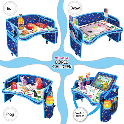 Kids Travel Tray - Waterproof Car Table with No-Drop Large Tablet Holder - Car Seat Tray - Road Trip Must Haves - Lap Desk Kids Organizer for Airplane - Toddler Travel Activities (Blue)