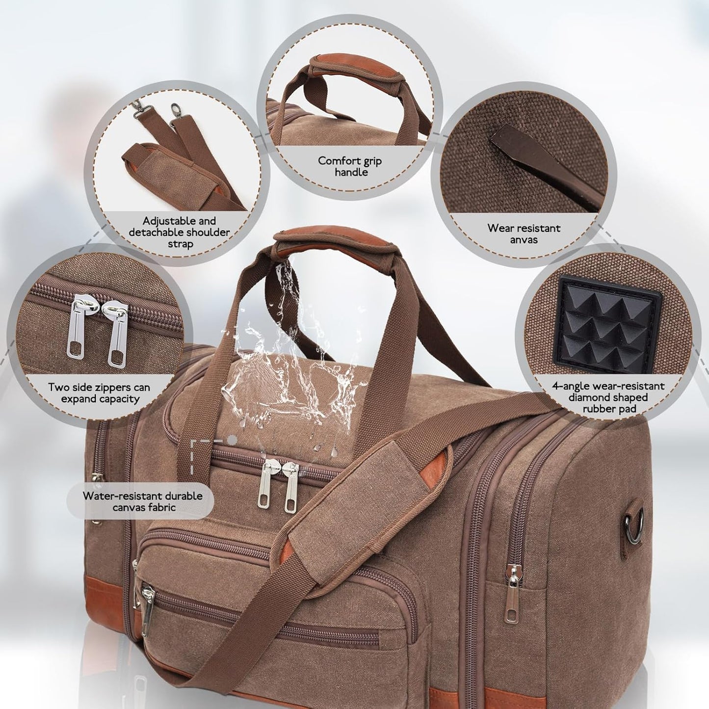 Men'S Duffle Bag For Travel, Expandable Canvas Duffel Bags Overnight Weekend Gym Carry On Luggage Bag For Men(Coffee)