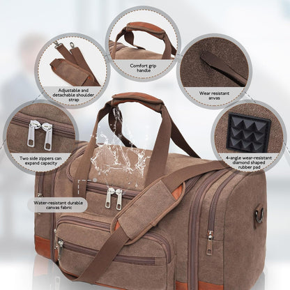 Men'S Duffle Bag For Travel, Expandable Canvas Duffel Bags Overnight Weekend Gym Carry On Luggage Bag For Men(Coffee)