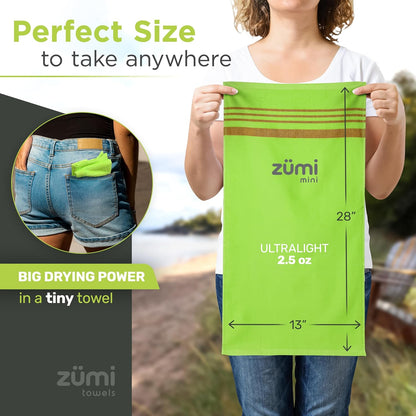 Zumi MINI 100% Cotton Camping Travel Towel - Small, Ultralight, Fast Drying, Highly Absorbent, Soft and Gentle on The Skin, Safe for The Planet (28" x 13" Green)