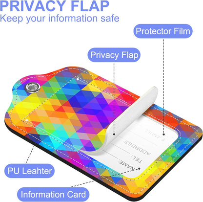 2 Pack Luggage Tag for Suitcase Polygonal and Rainbow Color Rhombus Leather Suitcase Tags with Identifiers Privacy Cover Name Address Labels and Stainless Steel Loop for Teens Adults