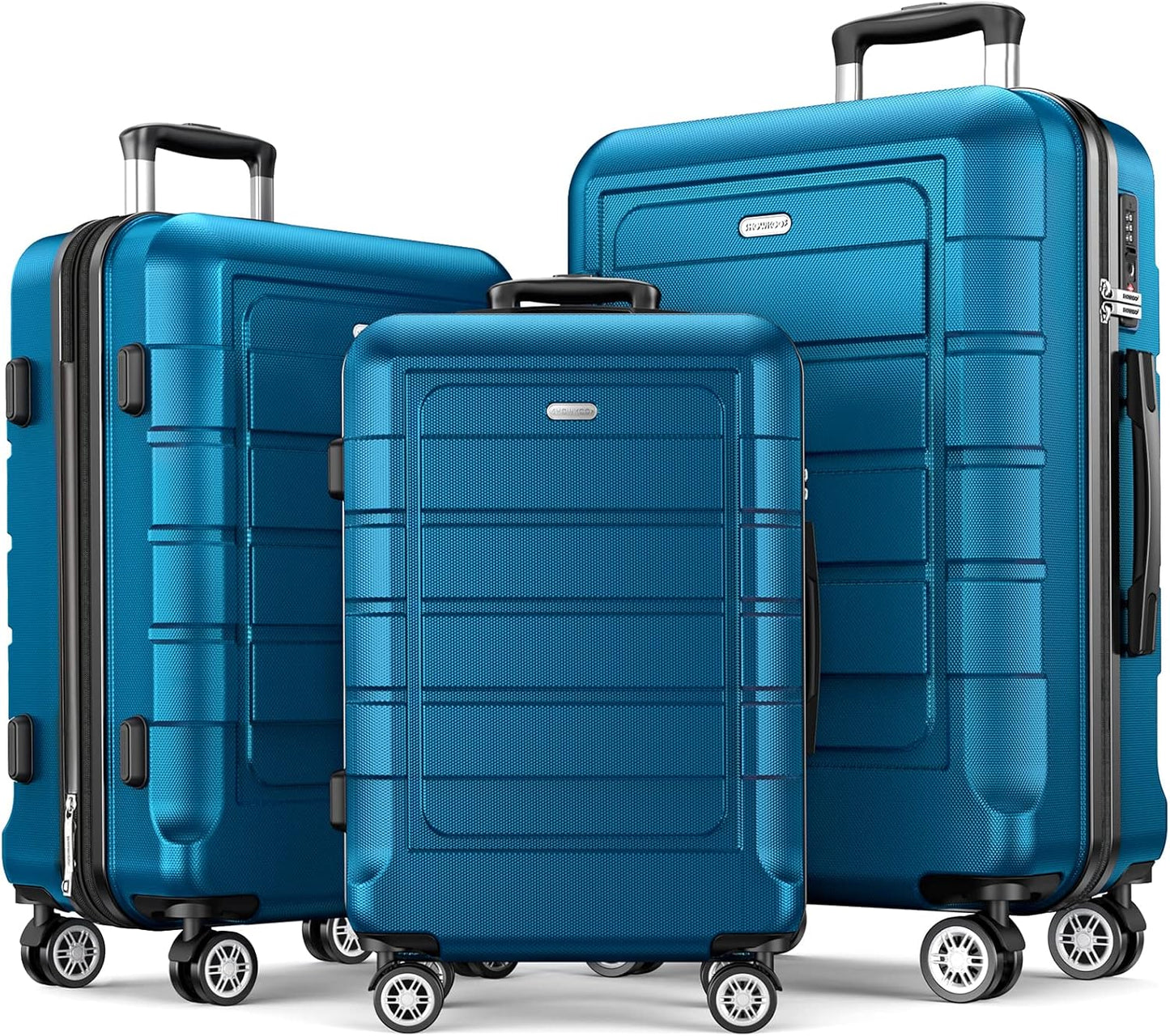 SHOWKOO Luggage Sets Expandable PC+ABS Durable Suitcase Sets Double Wheels TSA Lock Sea Blue 3PCS