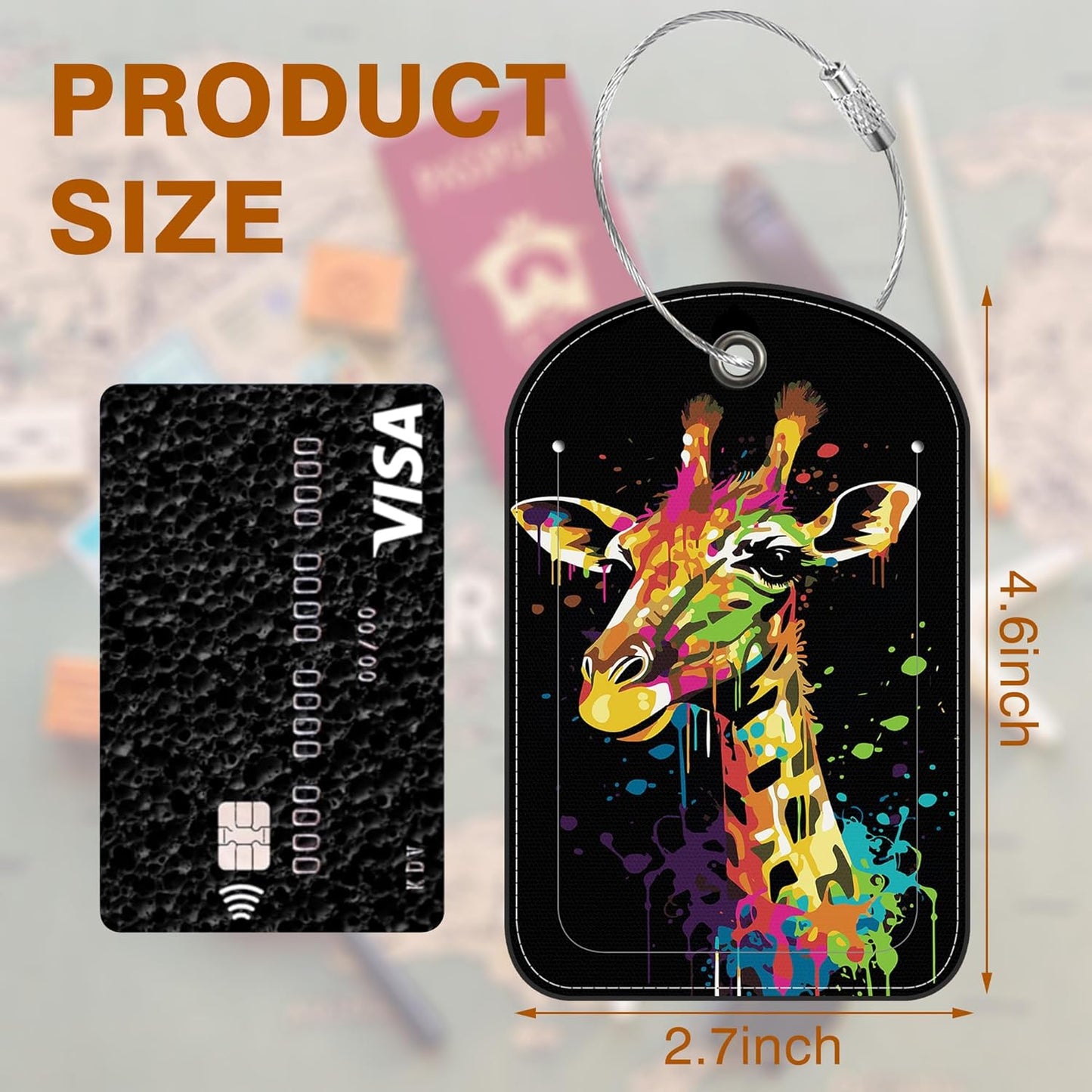 Bright Colourful Giraffe Leather Luggage Tag for Suitcase 2 Pack Luggage Tag with Privacy Name ID Label and Stainless Steel Loop for Travel Bag Suitcase