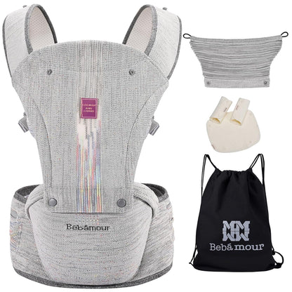 Bebamour Baby Carrier Newborn to Toddler with Hip Seat Baby Carrier Front and Back Carry Carrier with Head Hood, 3 PCS Teething Pads,Storage Bag (Gray-Knit)