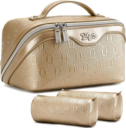 BOYATU Travel Makeup Bag for Women: Cosmetic Organizer Bag with Compartments - Leather Make up Bags Set of 3 (Gold Yellow)