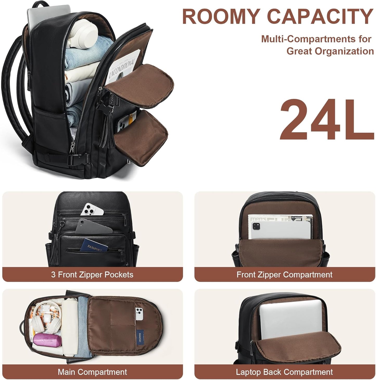 Shrrie Laptop Backpack for Women,Vegan Leather Backpack Work Computer Backpacks fits 16" Laptop,Water Resistant Teacher Nurse Casual Daypack for Weekender Camping Travel,Two-toned Black