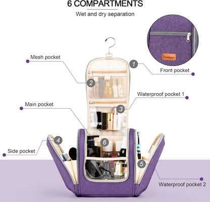 Hanging Travel Toiletry Bag for Women and Men, 6 Organizer Compartments, Extra Large Toiletries Bag, Bathroom Cosmetic Bag, Water-resistant Makeup Bag, Holds Full-Size Shampoo, Purple