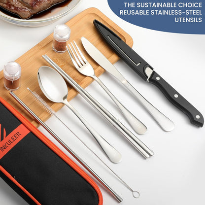Travel Cutlery, Portable Cutlery Set | Portable Silverware Set, 18/8 Stainless Steel Lunch Reusable Travel Cutlery Set, Fork and Spoon/Knife Set for Camping | Full-size camping cutlery set.