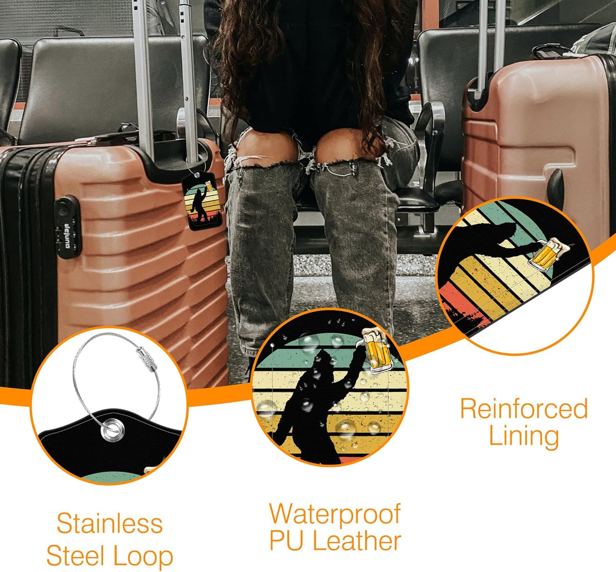 Sasquatch Luggage Tag for Suitcase 2 Pack Leather Luggage Tag with Privacy Flap Name ID Label and Metal Loop for Women Men Travel