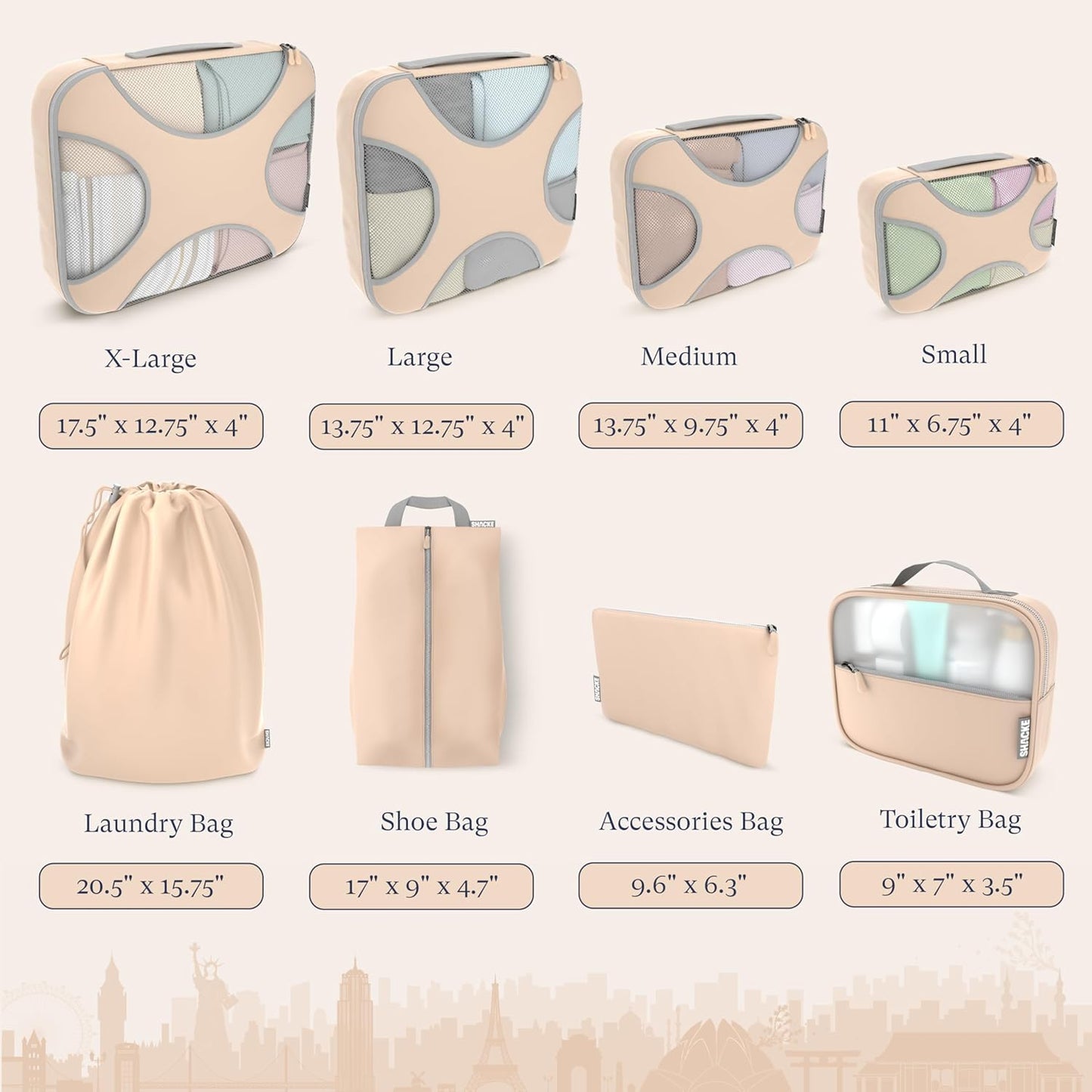 Shacke Premium 8 Packing Cubes Set - Lightweight Mesh Travel Luggage Organizers with Laundry Bag, 8-Piece Suitcase Storage System (Nude Biege)