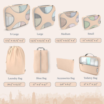 Shacke Premium 8 Packing Cubes Set - Lightweight Mesh Travel Luggage Organizers with Laundry Bag, 8-Piece Suitcase Storage System (Nude Biege)