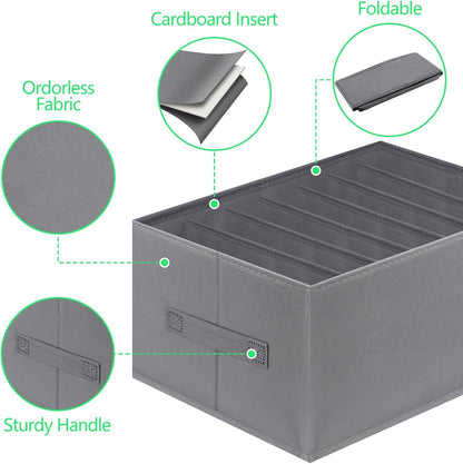 Jeans Organizer for Closet, Foldable Wardrobe Clothes Organizer with Handle, Stackable Closet Clothes Drawer Organizer Tshirts with 7 Grids for Leggings, Sweater, Jean, Pants, Grey (3 PCAK)