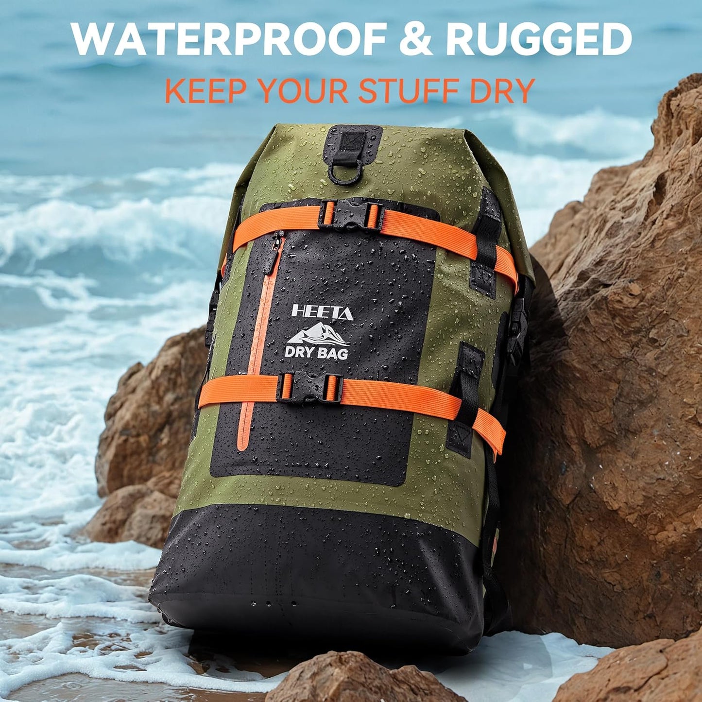 HEETA Dry Bags Waterproof Backpack 40L for Men & Women, Roll Top Heavy Duty Cushioned Hiking Backpack for Kayaking Boating Paddle Boarding Fishing Travel Camping Beach Vacation Cruise Ship Essentials