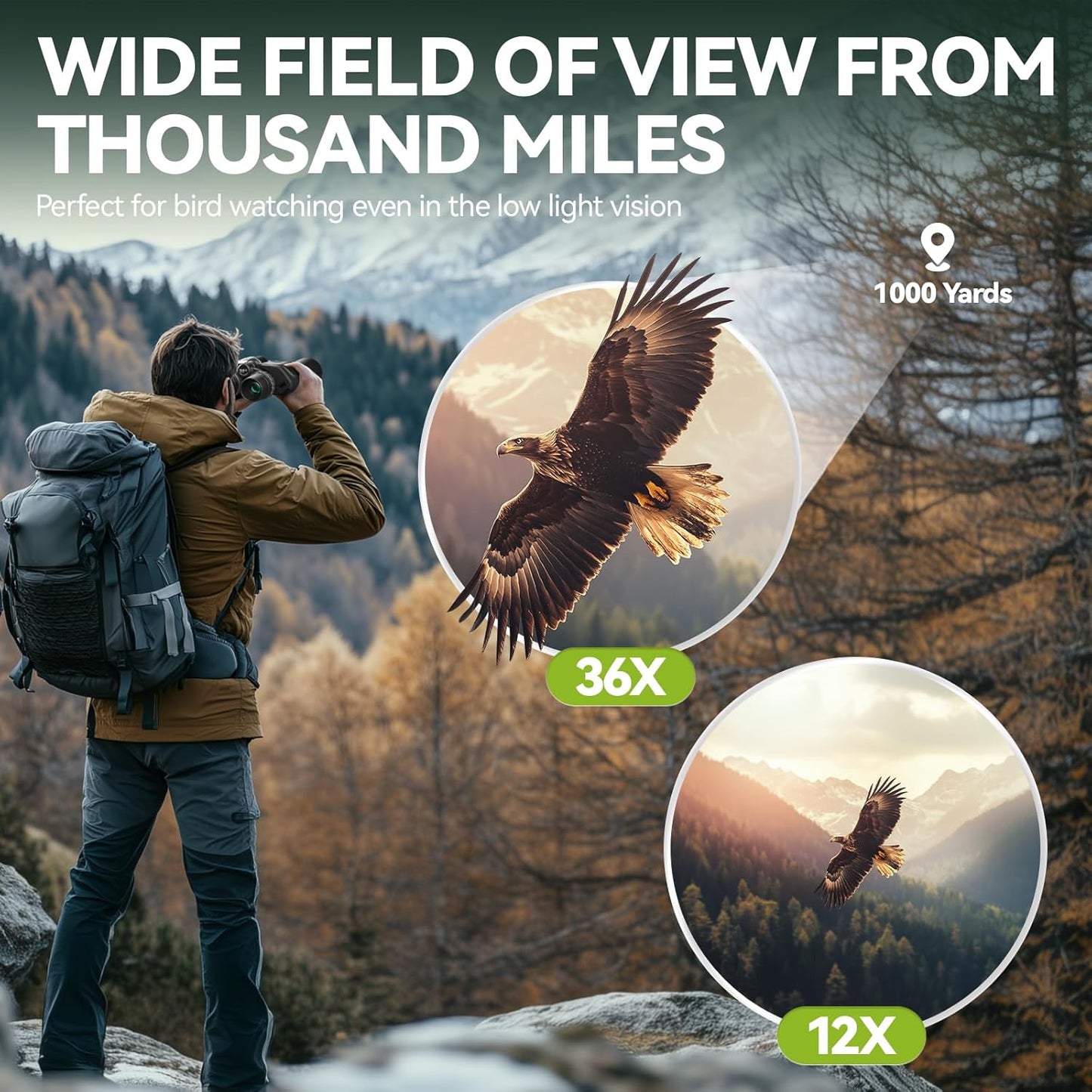 12-36X50 High Powered Zoom Binoculars for Adults - Wozel HD Professional Binoculars with Large Vision - Waterproof Binocular with Low Light for Bird Watching Travel Hunting Sports Cruise Outdoor
