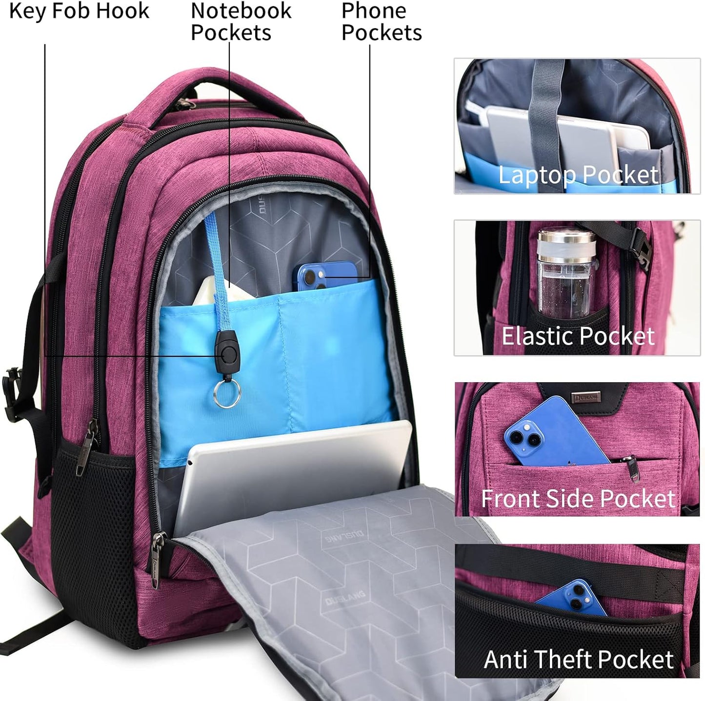 DUSLANG Travel Work Laptop Backpack With USB Charging Port Fits 15.6 15 14 13 Inch Laptop and Notebook Business Anti Theft College Computer Bag Back Pack for Women- Hot Pink