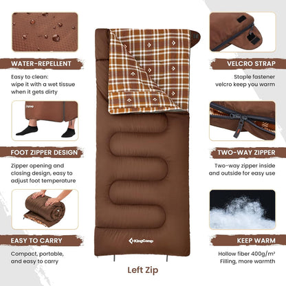 KingCamp Sleeping Bag for Adults, Cold Weather & Warm XL Big and Tall Flannel Sleeping Bags with Compression Sack Portable Waterproof Essentials Gear Accessories for Outdoor Camping