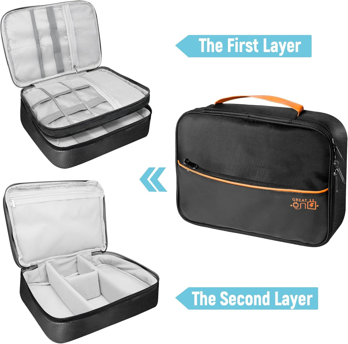 Electronics Travel Organizer, Large Double Layer Portable Waterproof Travel Organizer Bag for Charging Cable Storage, Ipad, Power Bank, Business and School ,5pcs Cable Ties-Black