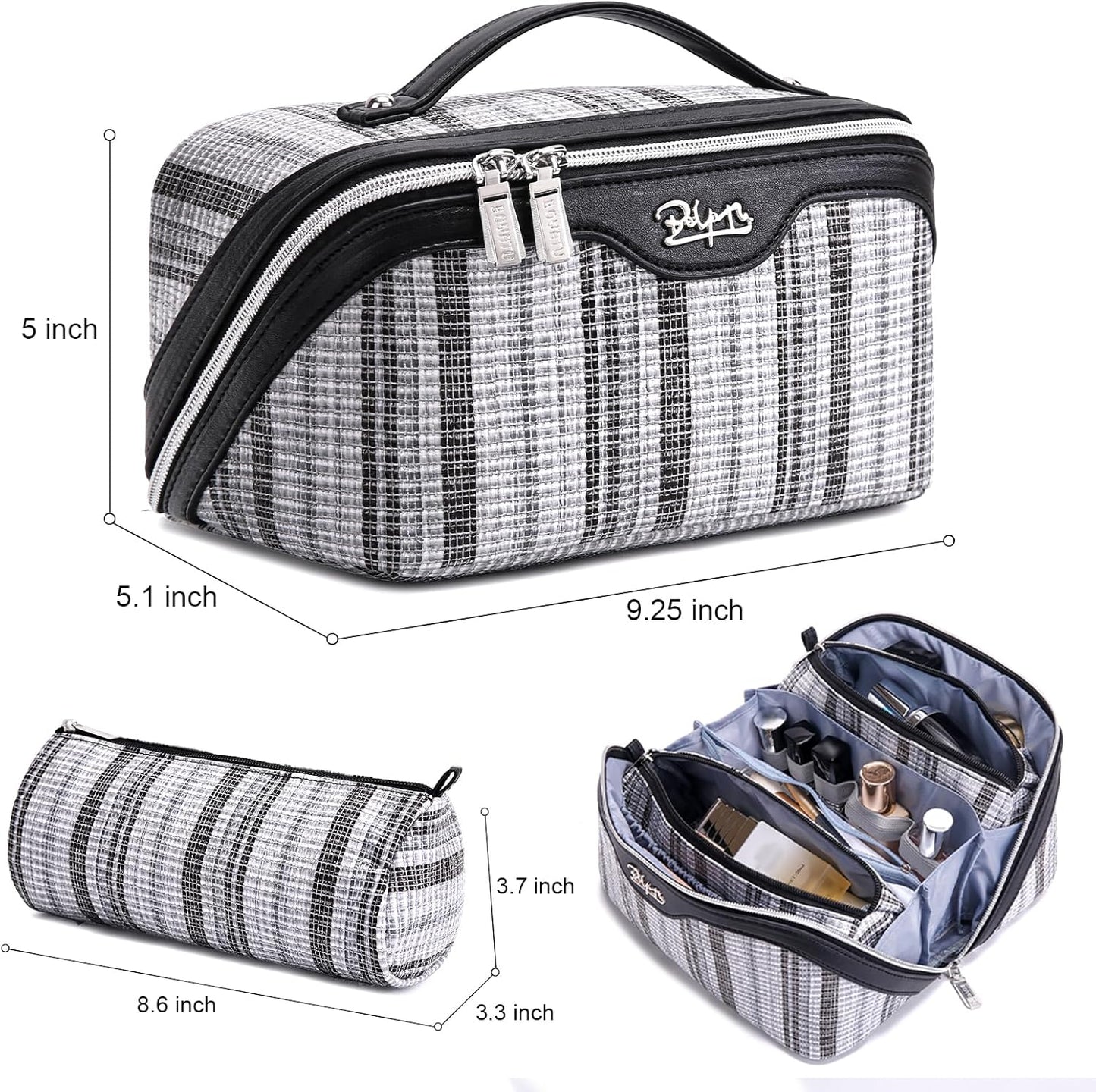 Travel Makeup Bag for Women: Large Capacity Open Flat Make up Bag Set of 3 - Vegan Leather Cosmetic Bag with Compartments - Waterproof Toiletry Bag with Handle & Divider(Black)